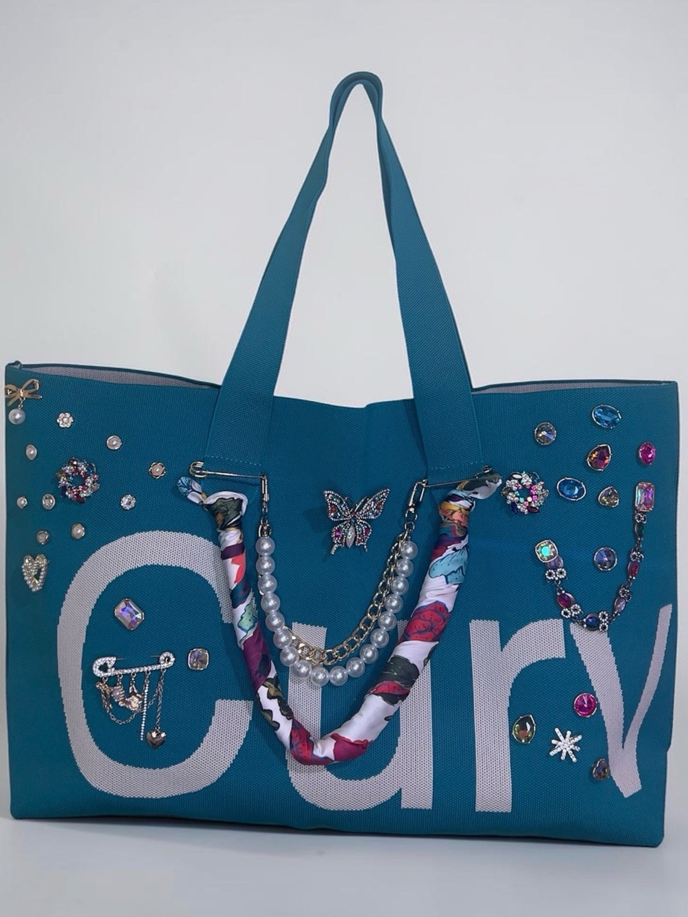 Curves Decorated Tote Bag (Emerald) with Purse Organizer